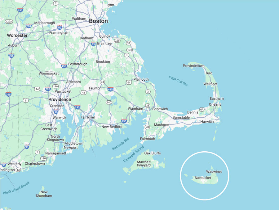 Map of Nantucket in relation to Cape Cod and Boston