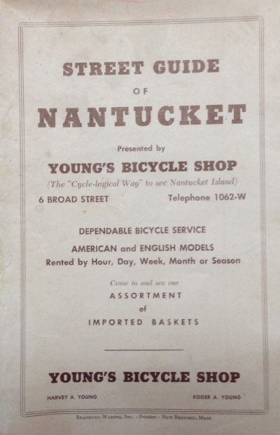A paper map of Nantucket island from Young's Bicycle Shop printed in the 1950s