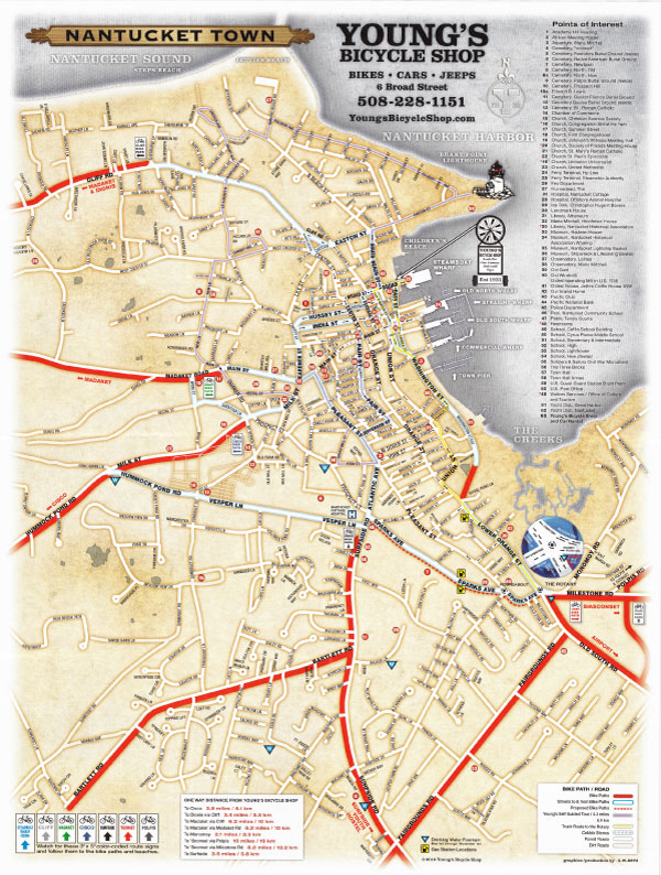 Young's Bicycle Shop map of Nantucket Town, complete with points of interest and bicycle routes