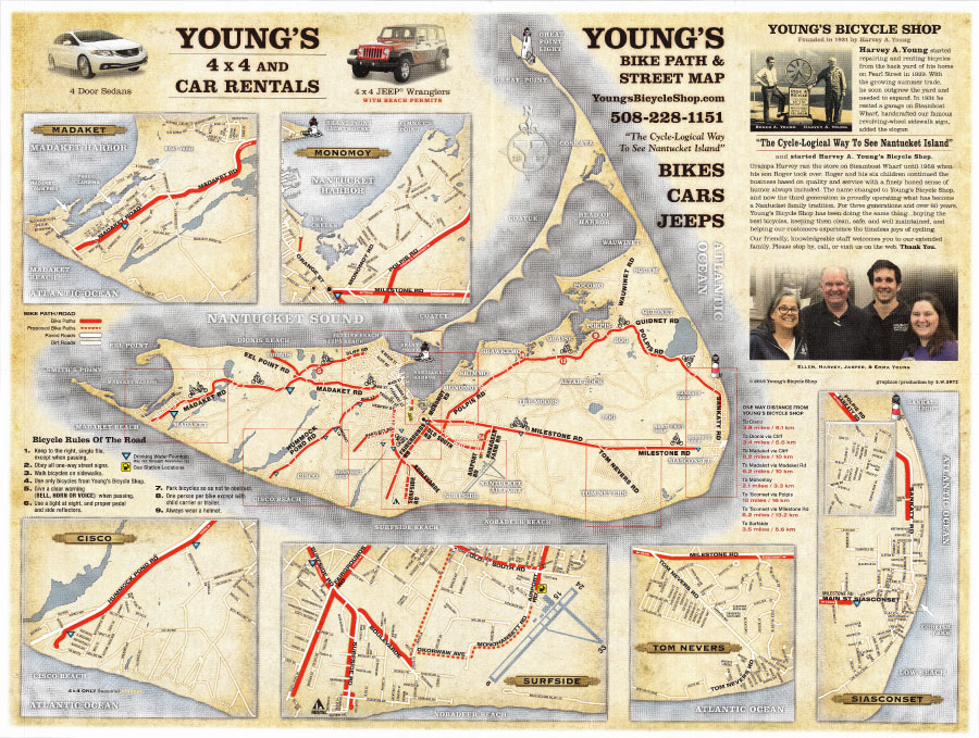 Young's Bicycle Shop map of Nantucket, complete with bicycle routes and detailed blow ups of specific parts of the island.